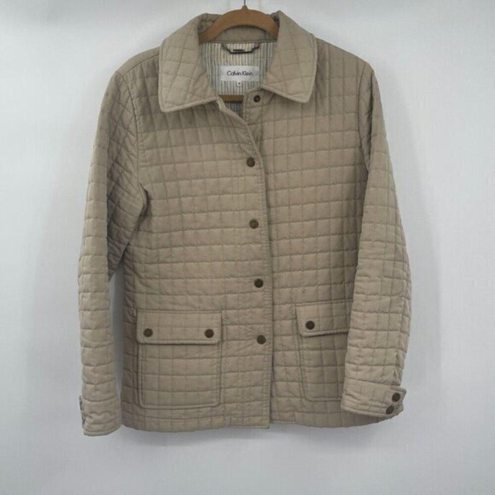 Calvin Klein Womens Jacket Medium Beige Quilted Snap Button Front Casual Preppy